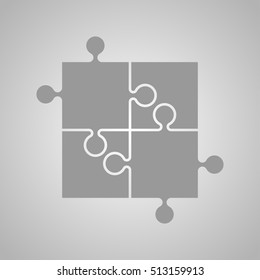 Puzzle background, banner, blank. Vector jigsaw section template. Background with puzzle 4 grey separate pieces mosaic, details, tiles, parts. Square outline abstract jigsaw. Game group detail.