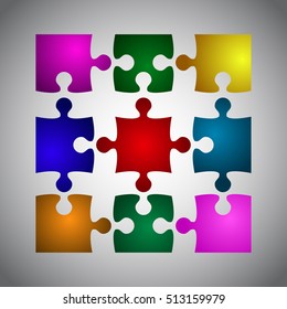 Puzzle background, banner, blank. Vector jigsaw section template. Background with puzzle 9 colored separate pieces, mosaic, details, tiles, parts. Square outline abstract jigsaw. Game group detail.