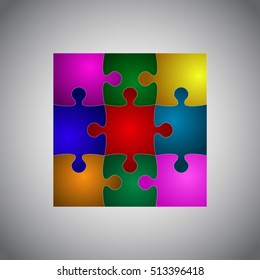 Puzzle background, banner, blank. Vector jigsaw section template. Background with puzzle 9 colored separate pieces mosaic, details, tiles, parts. Square outline abstract jigsaw. Game group detail.