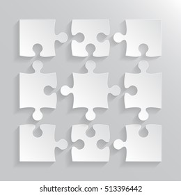 Puzzle background, banner, blank. Vector jigsaw section template. Background with puzzle 9 grey separate pieces, mosaic, details, tiles, parts. Square outline abstract jigsaw. Game group detail.