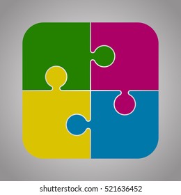 Puzzle background, banner, blank. Vector jigsaw section template. Background with puzzle 4 multicolor separate pieces mosaic, details, tiles, parts. Square outline abstract jigsaw. Game group detail.