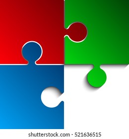 Puzzle background, banner, blank. Vector jigsaw section template. Background with puzzle 3 multicolor separate pieces, mosaic, details, tiles, parts. Square outline abstract jigsaw. Game group detail.