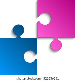 Puzzle background, banner, blank. Vector jigsaw section template. Background with puzzle 2 multicolor separate pieces, mosaic, details, tiles, parts. Square outline abstract jigsaw. Game group detail.