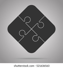 Puzzle background, banner, blank. Vector jigsaw section template. Background with puzzle 4 black separate pieces mosaic, details, tiles, parts. Square outline abstract jigsaw. Game group detail.