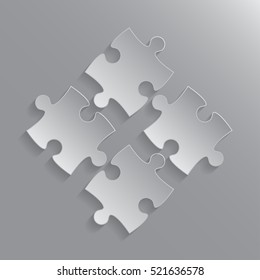 Puzzle background, banner, blank. Vector jigsaw section template. Background with puzzle 4 grey separate pieces, mosaic, details, tiles, parts. Square outline abstract jigsaw. Game group detail.