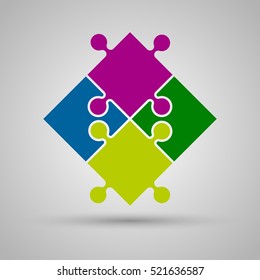 Puzzle background, banner, blank. Vector jigsaw section template. Background with puzzle 4 multicolor separate pieces mosaic, details, tiles, parts. Square outline abstract jigsaw. Game group detail.
