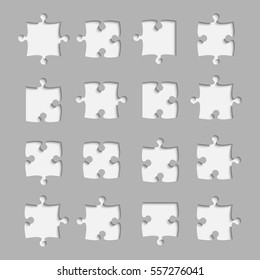 Puzzle background, banner, blank. Vector jigsaw section template. Background with puzzle 16 grey separate pieces, mosaic, details, tiles, parts. Square outline abstract jigsaw. Game group detail.