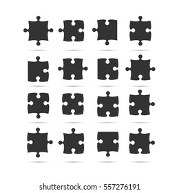 Puzzle background, banner, blank. Vector jigsaw section template. Background with puzzle 16 black separate pieces, mosaic, details, tiles, parts. Square outline abstract jigsaw. Game group detail.