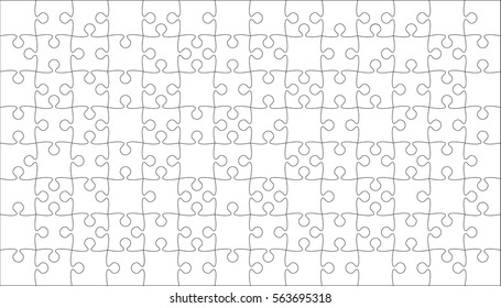 Puzzle background, banner, blank. Vector jigsaw section template. Background with puzzle 112 white separate pieces, mosaic, details, tiles, parts. Rectangle outline abstract jigsaw. Game group detail.