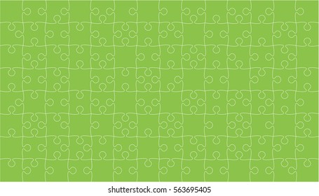 Puzzle background, banner, blank. Vector jigsaw section template. Background with puzzle 112 green separate pieces, mosaic, details, tiles, parts. Rectangle outline abstract jigsaw. Game group detail.