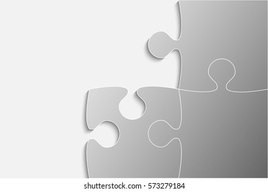 Puzzle background, banner, blank. Vector jigsaw section template. Background with puzzle 3 grey separate pieces, mosaic, details, tiles, parts. Rectangle outline abstract jigsaw. Game group detail.