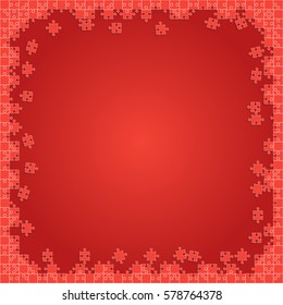 Puzzle background, banner, blank. Vector jigsaw section template. Background with puzzle frame red separate pieces, mosaic, details, tiles, parts. Rectangle outline abstract jigsaw. Game group detail.