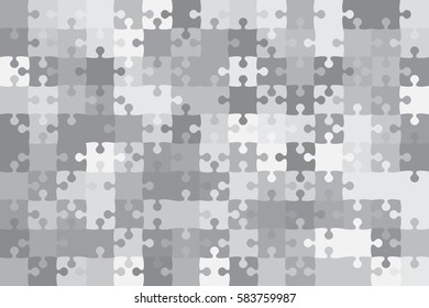 Puzzle background, banner, blank. Vector jigsaw section template. Background with puzzle 150 grey separate pieces mosaic, details, tiles, parts. Rectangle outline abstract jigsaw. Game group detail.