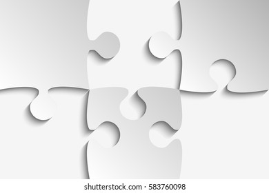 Puzzle background, banner, blank. Vector jigsaw section template. Background with puzzle 3 grey separate pieces mosaic, details, tiles, parts. Rectangle outline abstract jigsaw. Game group detail.