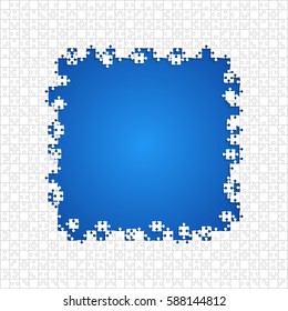 Puzzle background, banner, blank. Vector jigsaw section template. Background with blue puzzle frame separate pieces, mosaic, details, tiles, parts. Square outline abstract jigsaw. Game group detail.