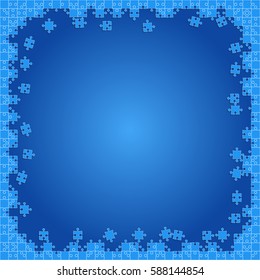 Puzzle background, banner, blank. Vector jigsaw section template. Background with blue puzzle frame separate pieces, mosaic, details, tiles, parts. Square outline abstract jigsaw. Game group detail.