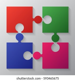 Puzzle background, banner, blank. Vector jigsaw section template. Background with puzzle 4 multicolor separate pieces mosaic, details, tiles, parts. Square outline abstract jigsaw. Game group detail.
