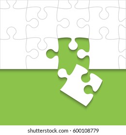 Puzzle background, banner, blank. Vector jigsaw section template. Background with green puzzle frame separate pieces, mosaic, details, tiles, parts. Square outline abstract jigsaw. Game one detail.