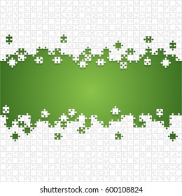 Puzzle background, banner, blank. Vector jigsaw section template. Background with green puzzle frame separate pieces, mosaic, details, tiles, parts. Square outline abstract jigsaw. Game group detail.