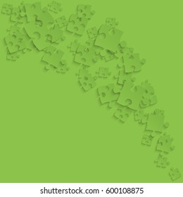 
Puzzle background, banner, blank. Vector jigsaw section template. Background with green puzzle frame separate pieces, mosaic, details, tiles, parts. Square outline abstract jigsaw. Game group detail.