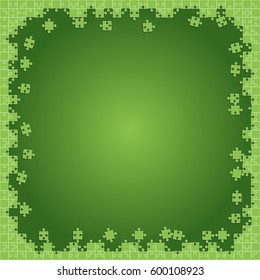 Puzzle background, banner, blank. Vector jigsaw section template. Background with green puzzle frame separate pieces, mosaic, details, tiles, parts. Square outline abstract jigsaw. Game group detail.