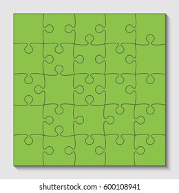 Puzzle background, banner, blank. Vector jigsaw section template. Background with puzzle 25 green separate pieces mosaic, details, tiles, parts. Square outline abstract jigsaw. Game group detail.