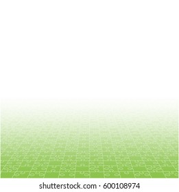 Puzzle background, banner, blank. Vector jigsaw section template. Background with green puzzle frame separate pieces, mosaic, details, tiles, parts. Perspective abstract jigsaw. Game group detail.