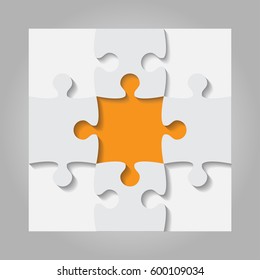 Puzzle background, banner, blank. Vector jigsaw section template. Background with grey puzzle frame separate pieces, mosaic, details, tiles, parts. Square outline abstract jigsaw. Game group detail.