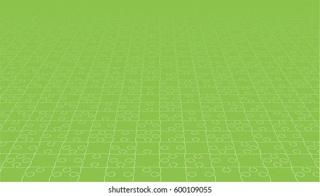Puzzle background, banner, blank. Vector jigsaw section template. Background with green puzzle frame separate pieces, mosaic, details, tiles, parts. Perspective abstract jigsaw. Game group detail.