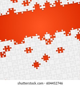 Puzzle background, banner, blank. Vector jigsaw section template. Background with white puzzle frame separate pieces, mosaic, details, tiles, parts. Square outline abstract jigsaw. Game group detail.