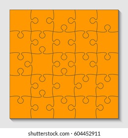 Puzzle background, banner, blank. Vector jigsaw section template. Background with puzzle 25 orange separate pieces, mosaic, details, tiles, parts. Square outline abstract jigsaw. Game group detail.