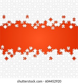 Puzzle background, banner, blank. Vector jigsaw section template. Background with orange puzzle frame separate pieces, mosaic, details, tiles, parts. Square outline abstract jigsaw. Game group detail.