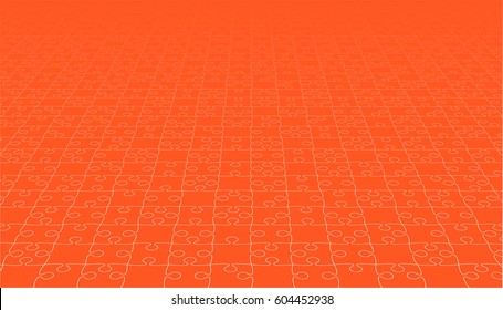 Puzzle background, banner, blank. Vector jigsaw section template. Background with orange puzzle separate pieces, mosaic, details, tiles, parts. Rectangle perspective jigsaw. Game group detail.