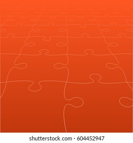 Puzzle background, banner, blank. Vector jigsaw section template. Background with orange puzzle separate pieces, mosaic, details, tiles, parts. Square perspective jigsaw. Game group detail.