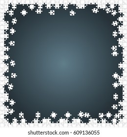 Puzzle background, banner, blank. Vector jigsaw section template. Background with white puzzle frame separate pieces, mosaic, details, tiles, parts. Square outline abstract jigsaw. Game group detail.