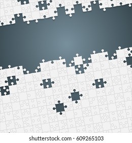Puzzle background, banner, blank. Vector jigsaw section template. Background with white puzzle frame separate pieces, mosaic, details, tiles, parts. Square abstract jigsaw. Game group detail.