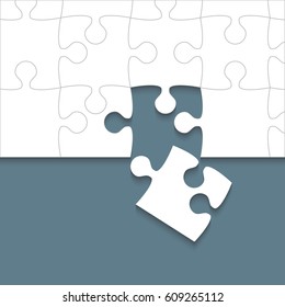 Puzzle background, banner, blank. Vector jigsaw section template. Background with white puzzle frame separate pieces, mosaic, details, tiles, parts. Square outline abstract jigsaw. Game one detail.