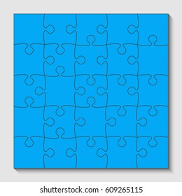 Puzzle background, banner, blank. Vector jigsaw section template. Background with puzzle 25 blue separate pieces, mosaic, details, tiles, parts. Square outline abstract jigsaw. Game group detail.