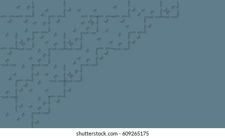 Puzzle background, banner, blank. Vector jigsaw section template. Background with grey puzzle frame separate pieces, mosaic, details, tiles, parts. Rectangle abstract jigsaw. Game group detail.