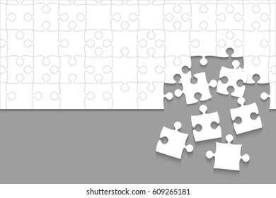 Puzzle background, banner, blank. Vector jigsaw section template. Background with white puzzle frame separate pieces, mosaic, details, tiles, parts. Rectangle abstract jigsaw. Game group detail.