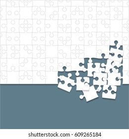 Puzzle background, banner, blank. Vector jigsaw section template. Background with white puzzle frame separate pieces, mosaic, details, tiles, parts. Square abstract jigsaw. Game group detail.