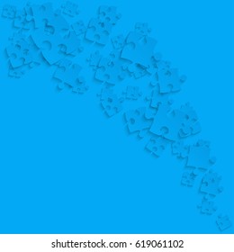 Puzzle background, banner, blank. Vector jigsaw sblueection template. Background with white puzzle frame separate pieces, mosaic, details, tiles, parts. Square abstract jigsaw. Game group detail.