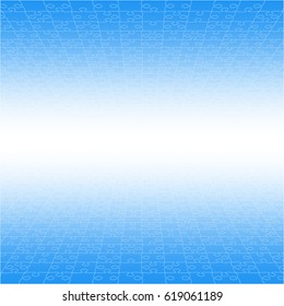 Puzzle background, banner, blank. Vector jigsaw section template. Background with blue puzzle separate pieces, mosaic, details, tiles, parts. Square perspective jigsaw. Game group detail.