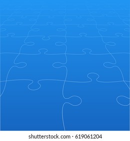 Puzzle background, banner, blank. Vector jigsaw section template. Background with blue puzzle separate pieces, mosaic, details, tiles, parts. Square perspective jigsaw. Game group detail.