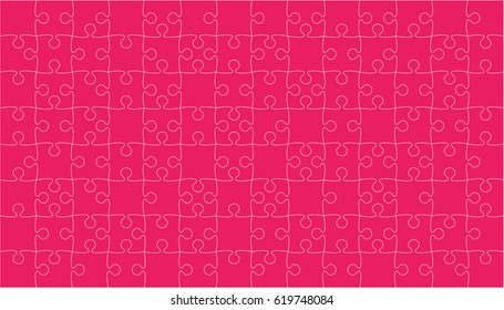 Puzzle background, banner, blank. Vector jigsaw section template. Background with puzzle 112 pink separate pieces, mosaic, details, tiles, parts. Rectangle outline abstract jigsaw. Game group detail.