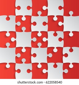 Puzzle background, banner, blank. Vector jigsaw section template. Background with puzzle 25 red grey separate pieces, mosaic, details, tiles, parts. Square abstract jigsaw. Game group detail.