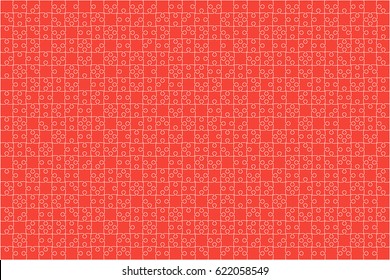 Puzzle background, banner, blank. Vector jigsaw section template. Background with puzzle 500 red separate pieces, mosaic, details, tiles, parts. Rectangle outline abstract jigsaw. Game group detail.