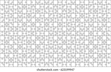 Puzzle background, banner, blank. Vector jigsaw section template. Background with puzzle 375 white separate pieces, mosaic, details, tiles, parts. Rectangle outline abstract jigsaw. Game group detail.