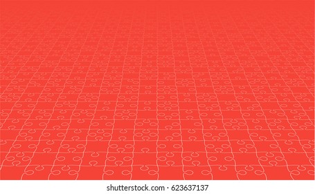 Puzzle background, banner, blank. Vector jigsaw section template. Background with red puzzle separate pieces, mosaic, details, tiles, parts. Rectangle perspective jigsaw. Game group detail.