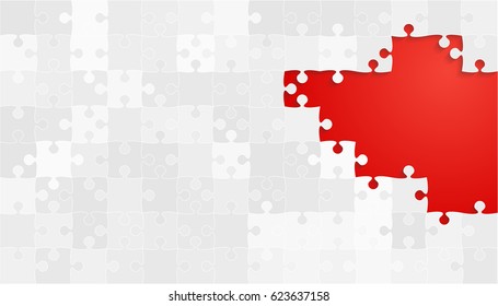 Puzzle background, banner, blank. Vector jigsaw section template. Background with grey puzzle frame separate pieces, mosaic, details, tiles, parts. Rectangle abstract jigsaw. Game group detail.